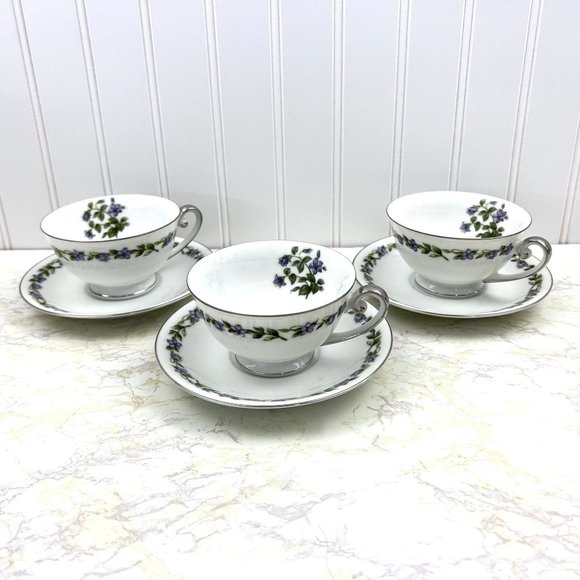 Vintage Jyoto Fine China Japan 3 Teacups & Saucers Glendale Violet - Picture 2 of 9